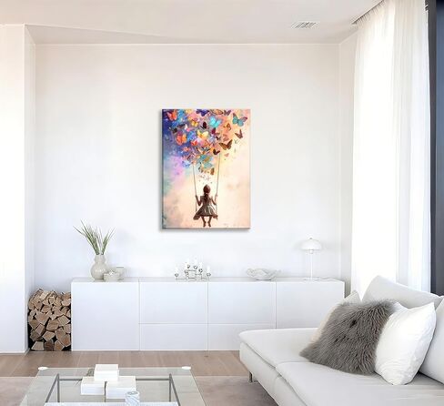 Dreamy Little Girl Butterfly Canvas Wall Art Whimsical Butterfly and Swing Wall Decor Picture Pink Swing Girl Poster Print Artwork for Office Bedroom Bar Cafe Home Decoration 12''x16'' Prepare to Hang in Saudi Arabia