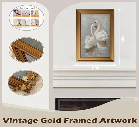 Vintage Gold Framed Wall Art Classical Swan Painting Picture Wall Decor Rustic Farmhouse Animal Poster Print Artwork for Living Room Nursery Bedroom Bathroom Office in Saudi Arabia