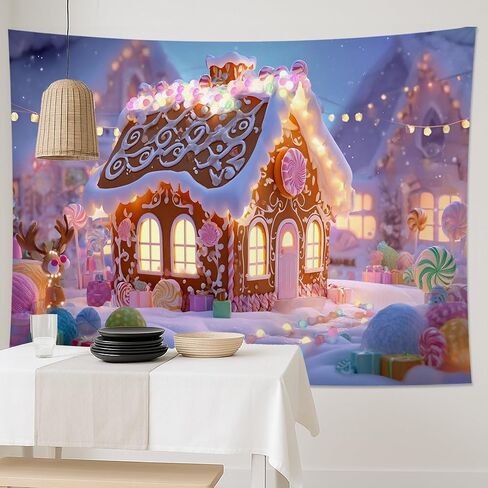 Gingerbread House Tapestry, Colorful Winter Holiday Wall Art, Cozy Festive Decor for Living Room, Bedroom, Dorm, Christmas Aesthetic 90x70 Inch in Saudi Arabia