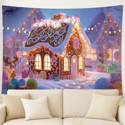 Gingerbread House Tapestry, Colorful Winter Holiday Wall Art, Cozy Festive Decor for Living Room, Bedroom, Dorm, Christmas Aesthetic 90x70 Inch in Saudi Arabia