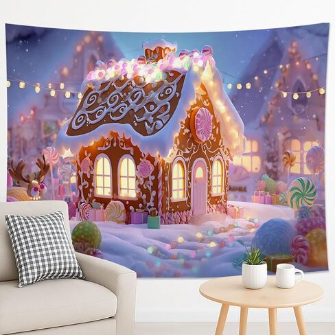 Gingerbread House Tapestry, Colorful Winter Holiday Wall Art, Cozy Festive Decor for Living Room, Bedroom, Dorm, Christmas Aesthetic 90x70 Inch in Saudi Arabia