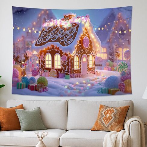 Gingerbread House Tapestry, Colorful Winter Holiday Wall Art, Cozy Festive Decor for Living Room, Bedroom, Dorm, Christmas Aesthetic 90x70 Inch in Saudi Arabia