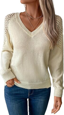 Womens Chic Casual V Neck Fashion Sweaters Trendy Long Sleeve Cable Knit Pullover Sweater in Saudi Arabia