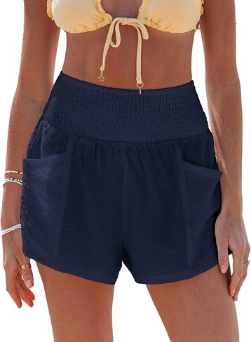 CUPSHE Women Coverup Shorts Smocked Waist High Rise Swimsuit Coverup Shorts with Side Pockets in Kuwait