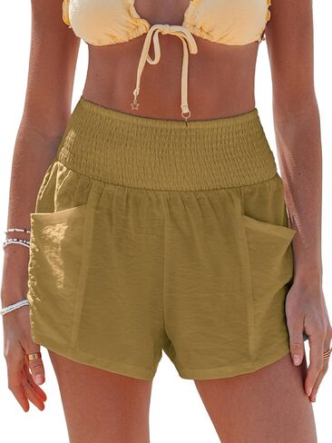 CUPSHE Women Coverup Shorts Smocked Waist High Rise Swimsuit Coverup Shorts with Side Pockets in Kuwait