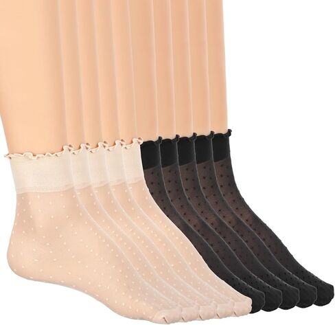 Lusofie 10 Pairs Women Sheer Ankle Socks - Ultra Thin Ruffled Socks for Women Summer - Nude Black Sheer Polka Dot Sock in Saudi Arabia