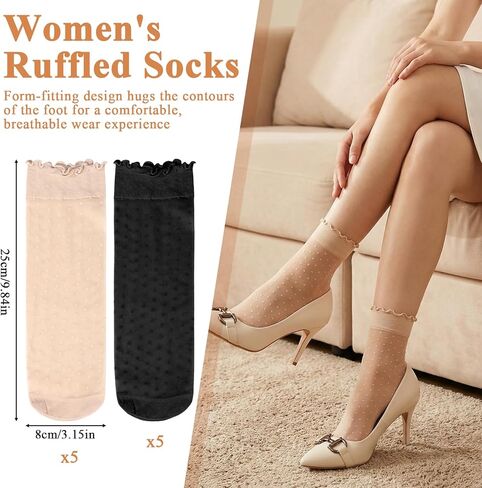 Lusofie 10 Pairs Women Sheer Ankle Socks - Ultra Thin Ruffled Socks for Women Summer - Nude Black Sheer Polka Dot Sock in Saudi Arabia