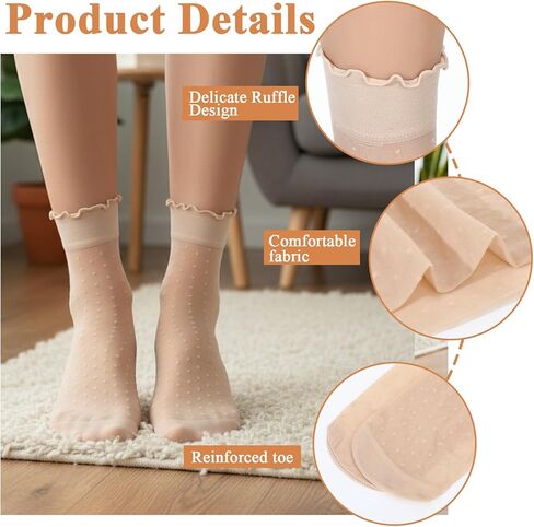Lusofie 10 Pairs Women Sheer Ankle Socks - Ultra Thin Ruffled Socks for Women Summer - Nude Black Sheer Polka Dot Sock in Saudi Arabia