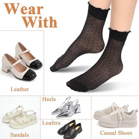 Lusofie 10 Pairs Women Sheer Ankle Socks - Ultra Thin Ruffled Socks for Women Summer - Nude Black Sheer Polka Dot Sock in Saudi Arabia