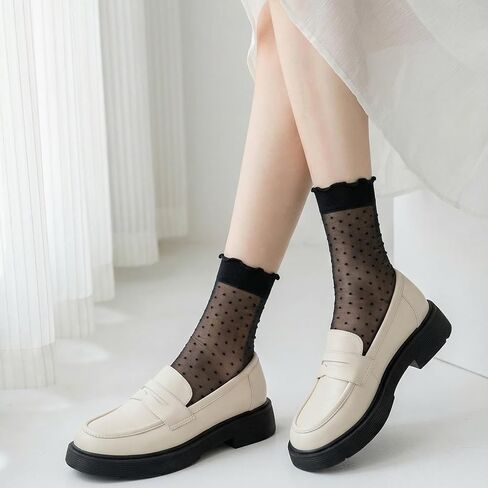 Lusofie 10 Pairs Women Sheer Ankle Socks - Ultra Thin Ruffled Socks for Women Summer - Nude Black Sheer Polka Dot Sock in Saudi Arabia