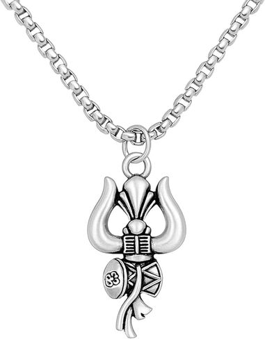 Bittrend Jewels Shiva's Trishul Damaru Pendant with Stainless Steel Rolo Chain Necklace for Men, Mahadev Mahakal Bholenath - Oxidized Silver Finish in Saudi Arabia