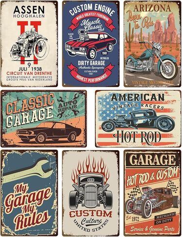 8 قطع من لافتات جراج القصدير العتيقة، لافتات معدنية عتيقة من القصدير، لافتات جراج قديمة للرجال، ديكورات جدارية، ملصقات سيارات، ديكور كهف للرجال، 8 × 12 بوصة (8 قطع) in Kuwait