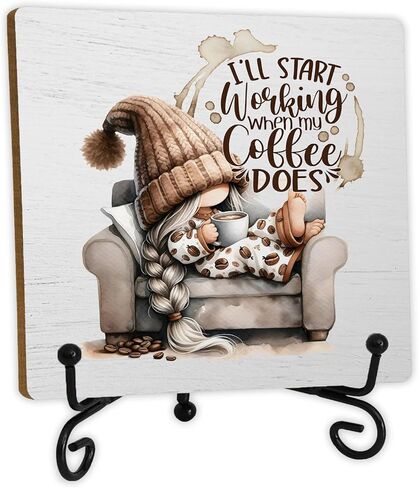 SkipTiger Gnomes Wood Sign For Coffee Bar Decor,Cute Gnome Wood Plaque With Stand,I'll Star Working When Coffee Does Sign For Cafe Bar Station Office Kitchen Decor,5x5 Inches in Saudi Arabia