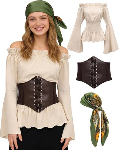 زي أزياء القراصنة النسائية مع إكسسوارات قميص قميص أعلى حزام الحزام وشاح 5pcs in Kuwait