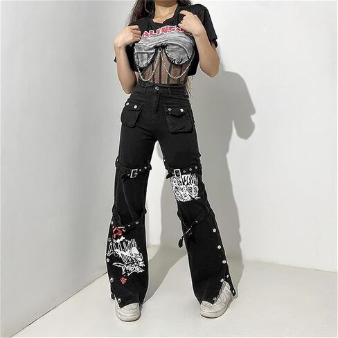 Harajuku Gothic Fashion Patchwork Black Jeans Punk Grunge Aesthetic Women Autumn Electro Pants Emo Printed Streetwear in Saudi Arabia