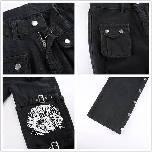 Harajuku Gothic Fashion Patchwork Black Jeans Punk Grunge Aesthetic Women Autumn Electro Pants Emo Printed Streetwear in Saudi Arabia