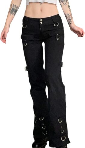 Harajuku Gothic Fashion Patchwork Black Jeans Punk Grunge Aesthetic Women Autumn Electro Pants Emo Printed Streetwear in Saudi Arabia