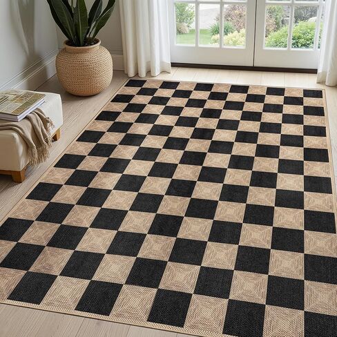 Dadasgk Checkered Easy Jute 3x5 Outdoor Patio Rug, Washable Non Slip Rugs for Entryway,Textured Diamond Indoor Outdoor Living Room Carpet, Farmhouse Neutral Black Door Rug for Backyard Bedroom in Saudi Arabia