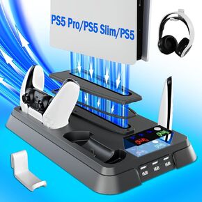 محطة شحن PS5 ، ومحطة PS5 النحيفة ومحطة التبريد لـ PS5 Slim & Standard Disc/Digital Console و PS5 Pro ، بما في ذلك. شاحن/مروحة توربو/محور USB/حامل سماعات الرأس/RGB ضوء in Kuwait