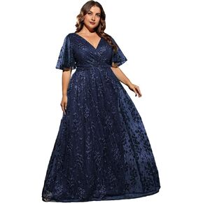 MIMIFINA Plus Size Women's V Neck Ruffles Flutter Sleeve Embroidered Lace A Line Maxi Dress for Wedding Party Evening in Kuwait