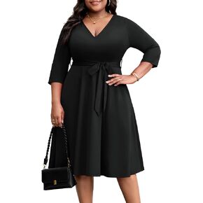 FANDEE Plus Size Midi Dresses for Women - A Line Church Dress V Neck 3/4 Sleeve Wedding Guest Cocktail with Pockets(XL-5XL) in Kuwait