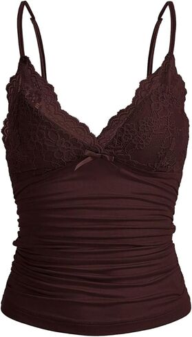 Milumia Women's Lace Bow Deep V Neck Cami Tops Low Cut Backless Spaghetti Strap Top in Saudi Arabia