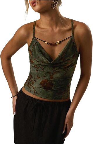 Milumia Women's Floral Print Beaded Cowl Neck Cami Top Vintage Summer Camisoles in Saudi Arabia