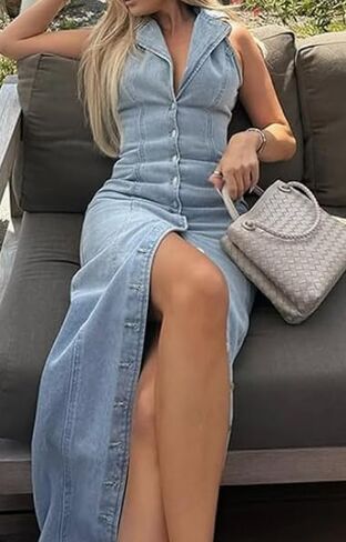 Quzzion Womens Summer Casual Button Down Maxi Denim Dress V Neck Sleeveless Sexy Bodycon Long Jean Dresses in Saudi Arabia