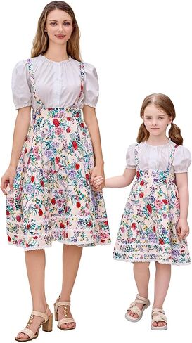 AWIBMK Mommy and Me Dress Mother Daughter Matching Vintage Floral Dresses Puff Sleeve Shirt with Suspender Skirt 2pcs in Saudi Arabia