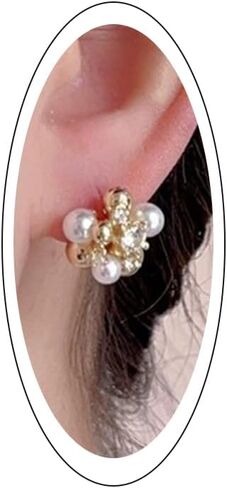 Trendy Delicate Gold Small Pearl Zirconia Cluster Stud Earring, Cute Silver Sparkling Rhinestone Bead Pearls Earrings Party Prom Jewelry Gift for Women in Kuwait