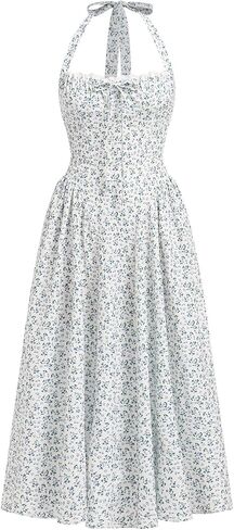 OBEEII Women Floral Corset Dress Halter Neck Low Cut Bustier Midi Dress Flowy Pleated Hem Summer Sundress with Pockets in Saudi Arabia