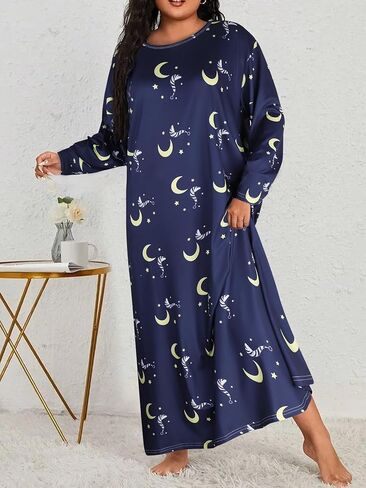 Plus-Size Women's Long-Sleeved Nightgown: Navy Blue Base With Yellow Moon and Star Prints, Round Neck, Soft Fabric in Saudi Arabia