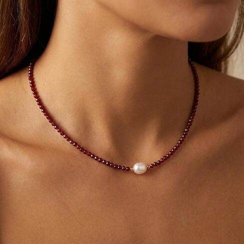 ZEMBIENCE Natural Gemstone Gold Necklace for Women, Birthstone, Crystal Stone with Freshwater Pearl Jewelry, Handmade 18K Gold Plated, Adjustable Chain, Christmas Gift 18inch in Saudi Arabia