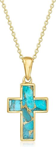 Ross-Simons Turquoise Cross Pendant Necklace in 18kt Gold Over Sterling. 18 inches in Saudi Arabia