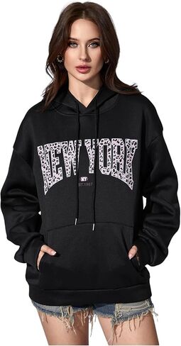 WDIRARA Women's Leopard Letter Graphic Hoodies Long Sleeve Hooded Sweatshirts Streetwear Pullover Tops in Saudi Arabia