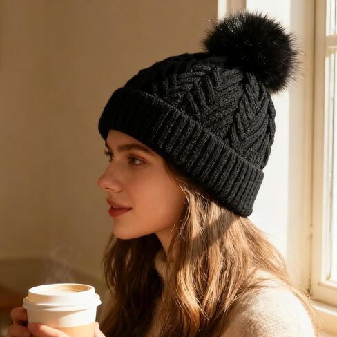 Pom Pom Knit Beanie for Women Warm Winter Cable Knit Hat with Cuff in Saudi Arabia