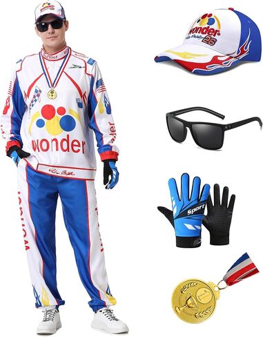 Powzaty Men Race Car Driver Costume Adult Racing Jacket Outfits Halloween Racing Jumpsuit with Hat Sunglasses Gloves in Saudi Arabia