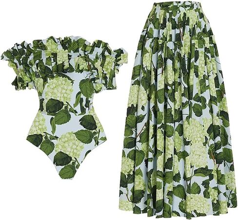 IMEKIS Women Floral Print Swimsuit with Maxi Skirt Bathing Suits Ruffles 2 Piece Swimwear Summer Holiday Outfit in Saudi Arabia