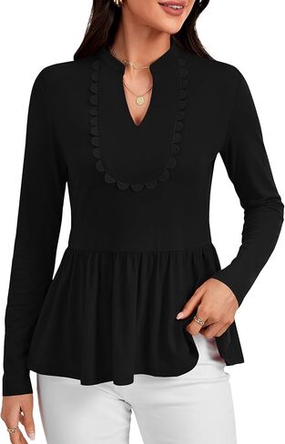 Rooscier Women's Notched V Neck Scallop Peplum Ruffle Long Sleeve Casual Blouses Top Shirt in Saudi Arabia