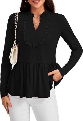 Rooscier Women's Notched V Neck Scallop Peplum Ruffle Long Sleeve Casual Blouses Top Shirt in Saudi Arabia