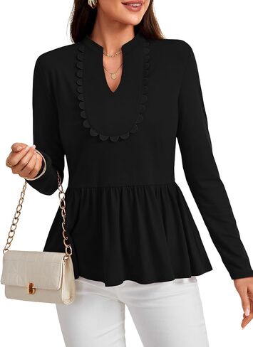 Rooscier Women's Notched V Neck Scallop Peplum Ruffle Long Sleeve Casual Blouses Top Shirt in Saudi Arabia