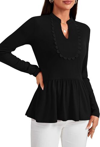 Rooscier Women's Notched V Neck Scallop Peplum Ruffle Long Sleeve Casual Blouses Top Shirt in Saudi Arabia