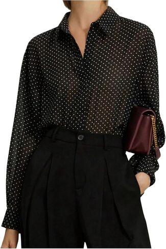 MakeMeChic Women's Mesh Chiffon Polka Dots Button Down Shirt Long Sleeve Business Shirt Tops in Saudi Arabia