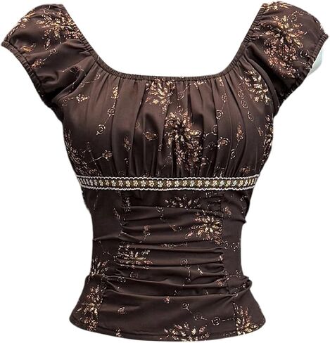 SweatyRocks Women's Floral Top Vintage Puff Cap Sleeve Blouses Ruched Scoop Neck Summer Tops in Saudi Arabia