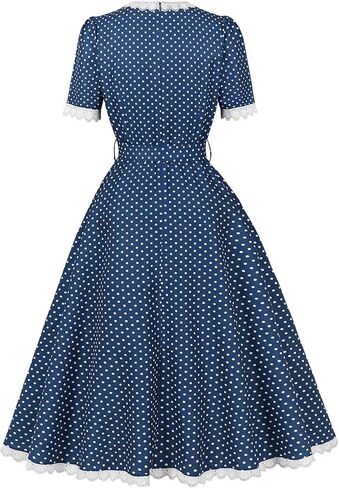 Wellwits Women's Lace Trim V Neck Polka Dots Midi Elegant Vintage Dress in Saudi Arabia