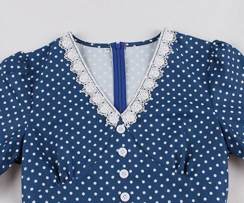 Wellwits Women's Lace Trim V Neck Polka Dots Midi Elegant Vintage Dress in Saudi Arabia