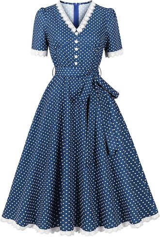 Wellwits Women's Lace Trim V Neck Polka Dots Midi Elegant Vintage Dress in Saudi Arabia