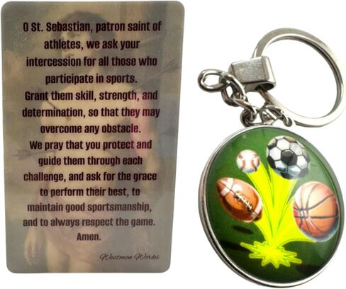 Westmon Works St Sebastian Keychain Patron Saint of Athletes Set with Holy Card Prayer in Saudi Arabia