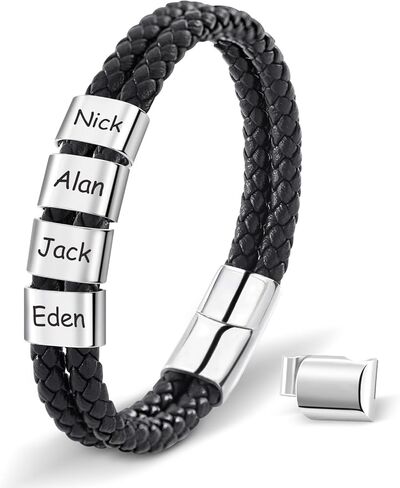 سوار جلدي رجالي من Dreamdecor مع خرز مخصص - مجوهرات بأسماء محفورة، هدايا مخصصة للرجال الأب in Kuwait