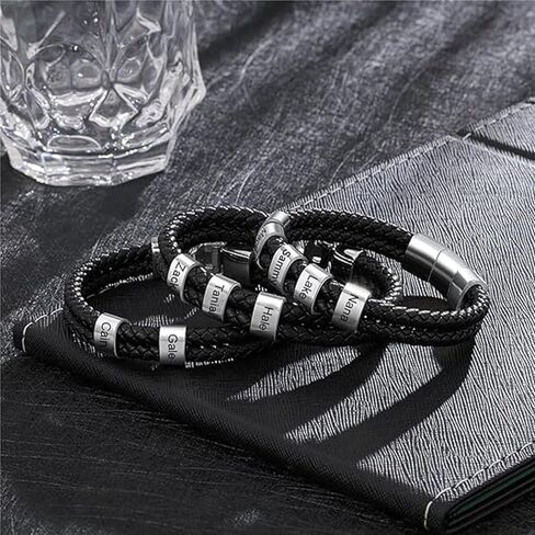 سوار جلدي رجالي من Dreamdecor مع خرز مخصص - مجوهرات بأسماء محفورة، هدايا مخصصة للرجال الأب in Kuwait
